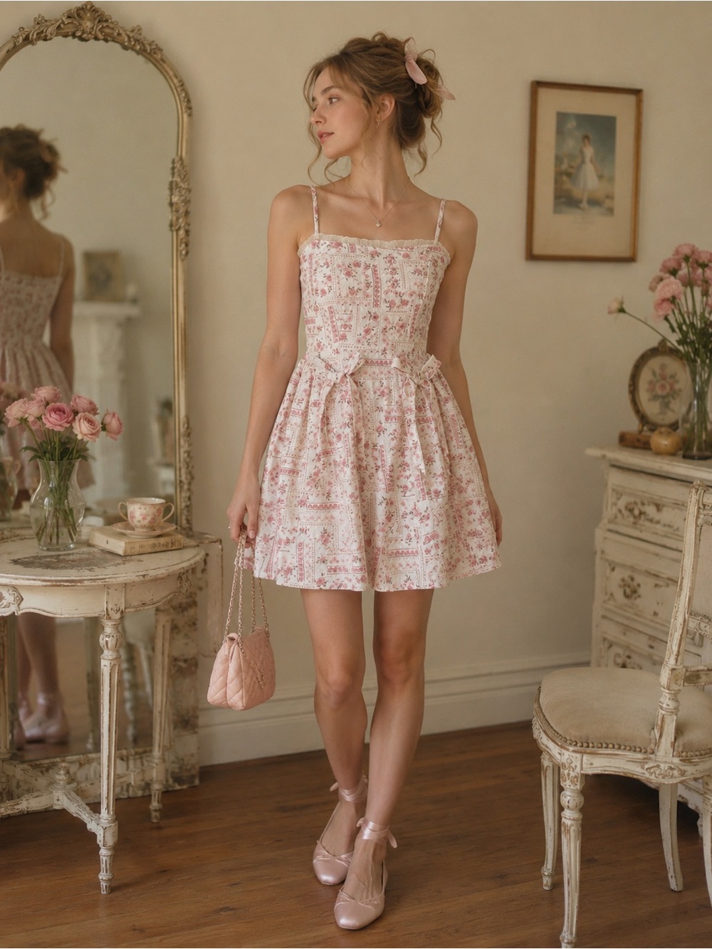 Balletcore Pink Floral Corset Mini Dress XS Lace Trim Bows Cottagecore Coquette